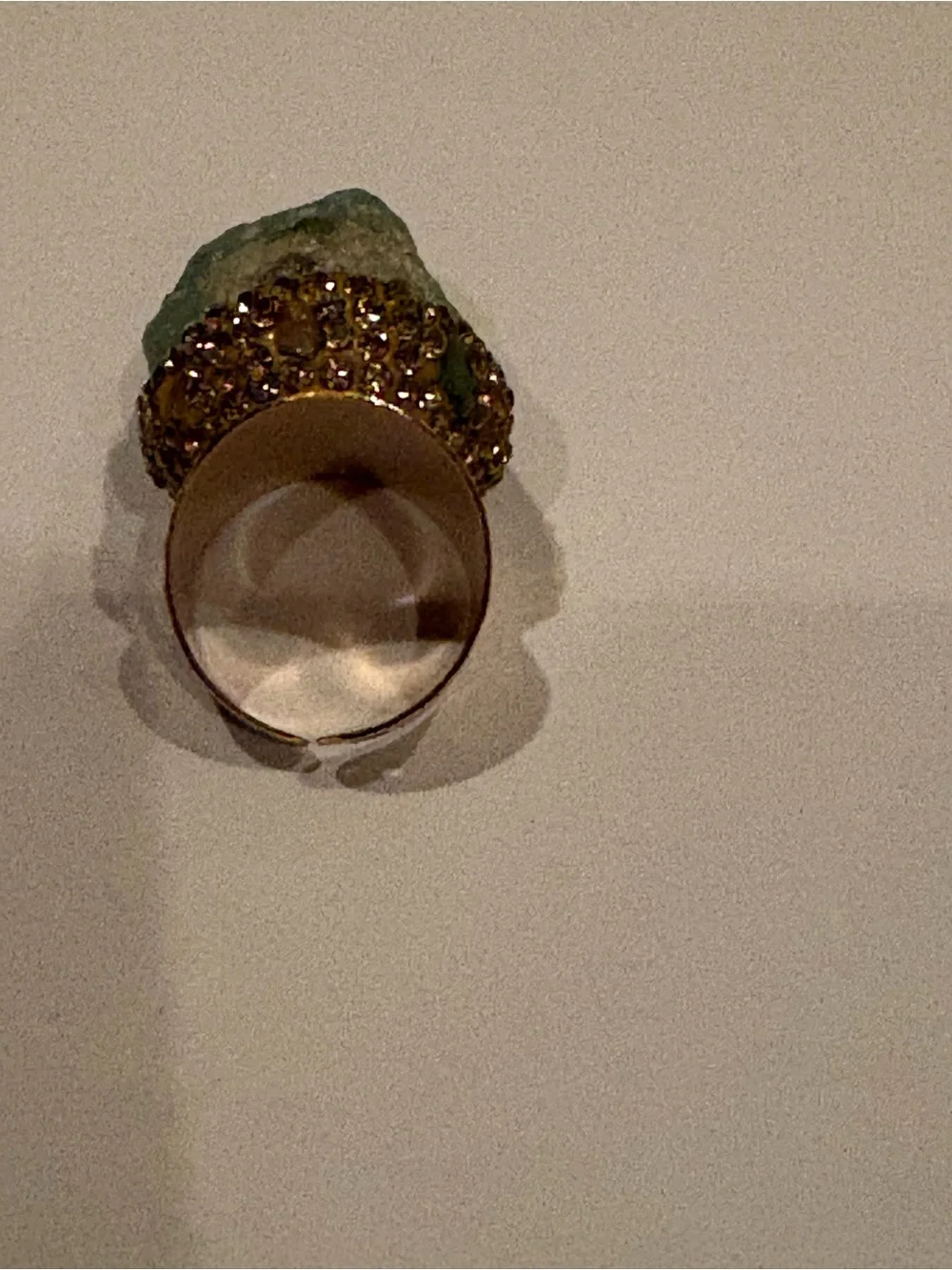 Raw Green Stone Statement Cuff Ring Gold Tone Crystal Pave Adjustable